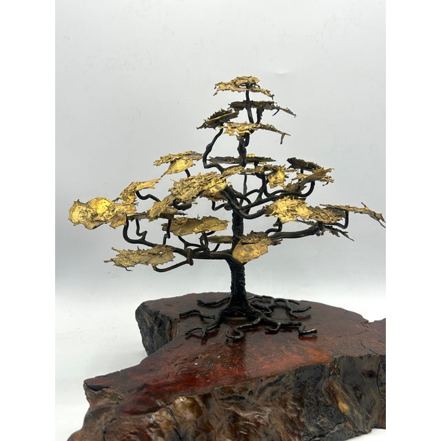 Contemporary Mid-Century Brutalist Gilt Bronze Bonsai Tree Sculpture on Burl Wood Basee For Sale - Image 3 of 18