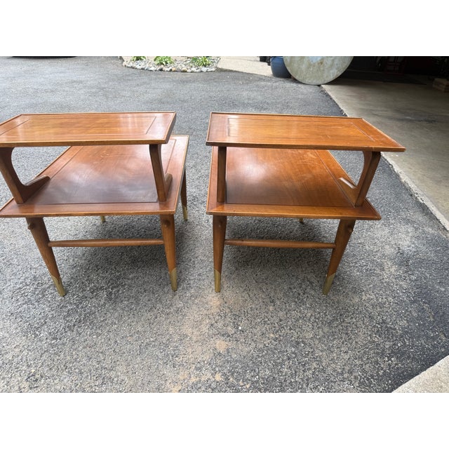 Mid-Century Modern 1950s Lane Altavista Copenhagen Mid Century Modern Two Tier Walnut End Tables For Sale - Image 3 of 10