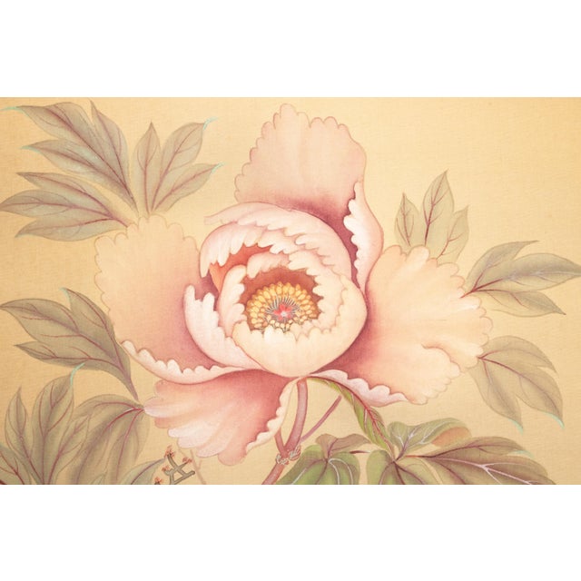 "White Peacock & Peony" by Ryumin, Large Vintage Japanese Painted Silk Byobu Screen For Sale - Image 4 of 18