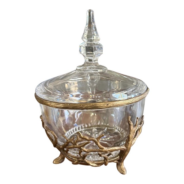 1980s Castilian Glass Covered Bowl With Brass Surrounded For Sale