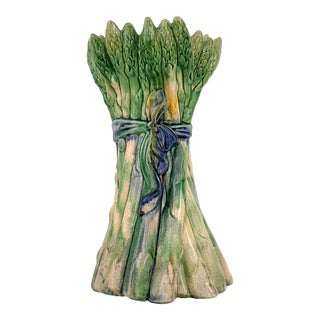Vintage Ceramic Majolica Style Vase With Blue Ribbon Tied Around a Stalk of Asparagus For Sale