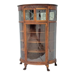 Antique Victorian Oak Bowed Curved Glass China Cabinet With Leaded Glass & Claw Feet 1900s For Sale