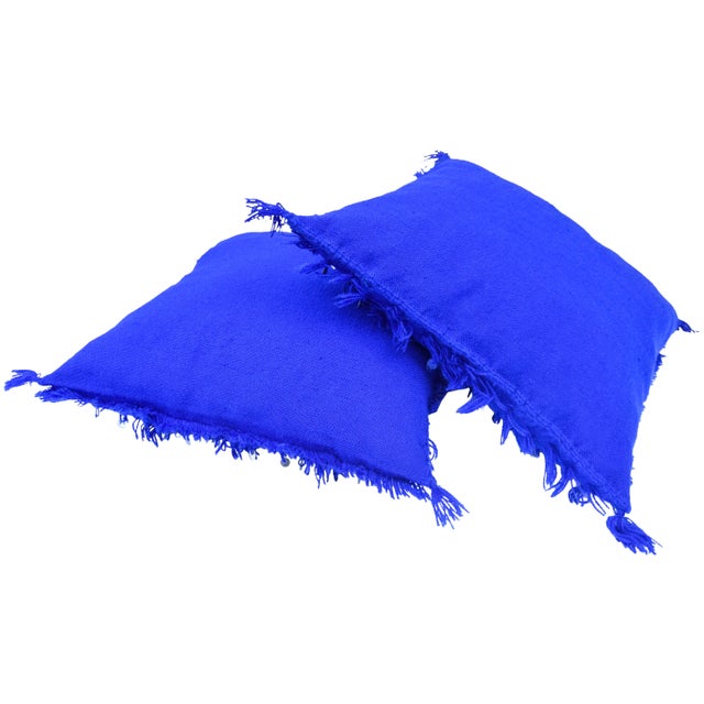 Vintage Moroccan Blue Fringed & Sequined Windowpane Pillows - Set of 2 For Sale - Image 10 of 11