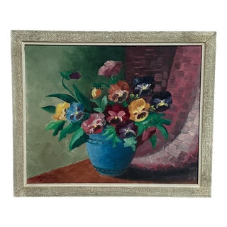 G. Stränz, Pansies in Blue Vase, 1960s, Oil Painting on Canvas, Framed For Sale