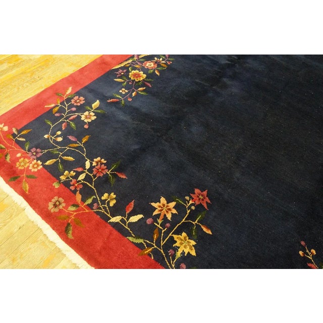 1920s Navy Blue Floral Antique Chinese Art Deco Carpet 7' 10'' X 9' 7'' Knotted Pile Wool Rug For Sale - Image 10 of 12