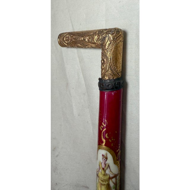 Antique 1800's Victorian Yellow Gold Filled Wood Porcelain Walking Stick Cane For Sale - Image 9 of 17