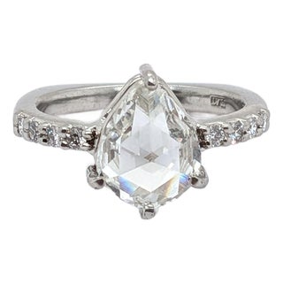 Platinum Pear Shaped Rose-Cut Diamond Ring With European Shank - Size ~3.5 For Sale