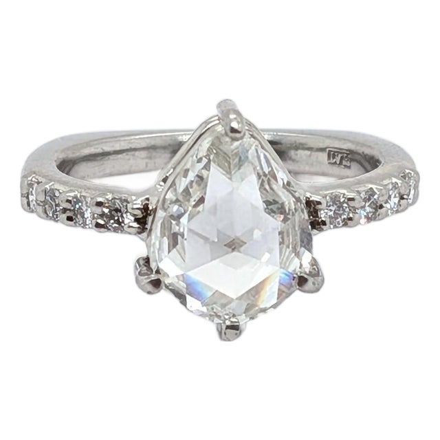 Platinum Pear Shaped Rose-Cut Diamond Ring With European Shank - Size ~3.5 For Sale