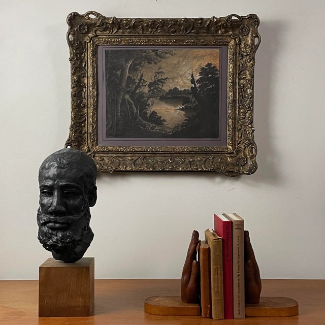 American Antique 19th C. Continental Gouache Moonlit Riverscape, Framed (From Joseph Jefferson Collection) For Sale - Image 3 of 13