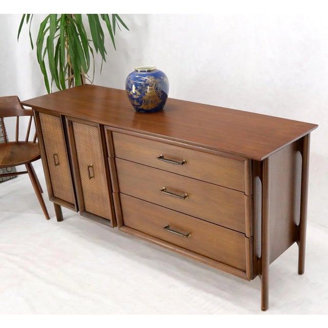 Brown Decorative Caned Door Front Exposed Legs Walnut Credenza Dreser For Sale - Image 8 of 13