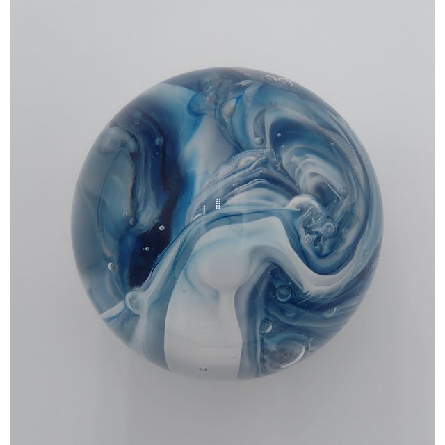 2000 - 2009 Signed Vintage Handblown Glass Paperweight With Blue & White Ribbon Swirl, 2003 For Sale - Image 5 of 11