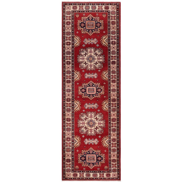 Boho Chic Super Kazak Owen Red/Beige Wool Runner Rug- 2'9'' X 9'8'' For Sale - Image 10 of 10