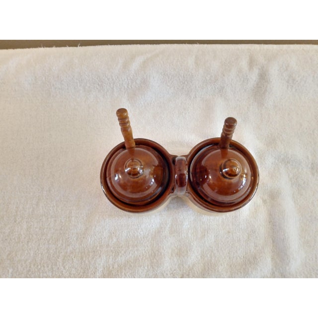 Mid-Century Modern Vintage Stoneware Brown Glaze Double Condiment Jars Houston Foods 21979 - a Pair For Sale - Image 3 of 7