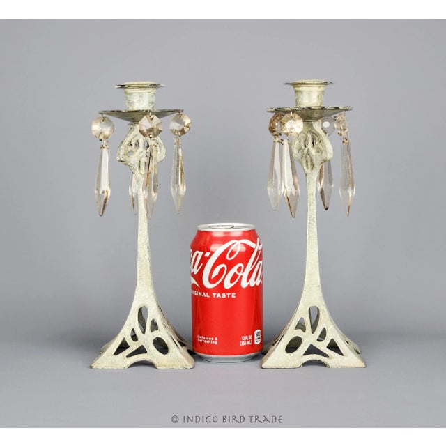 Early 20th Century Early 20th Century Art Nouveau Candlestick Holders With Glass Crystal Prisms - Set of 2 For Sale - Image 5 of 8