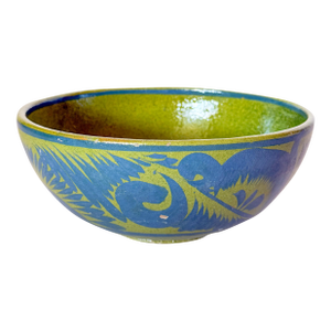Vintage Mexican Pottery Redware Bowl Tlaquepaque Green and Blue Terra Cotta