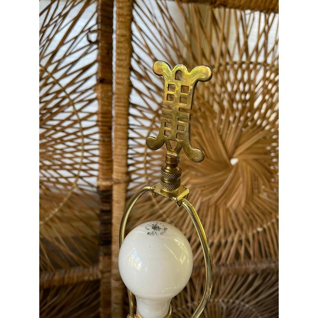 Wood Vintage Asian Symbol Lamp on Bamboo Base Monochromatic Neutrals Chinese Characters Chinoiserie For Sale - Image 7 of 10