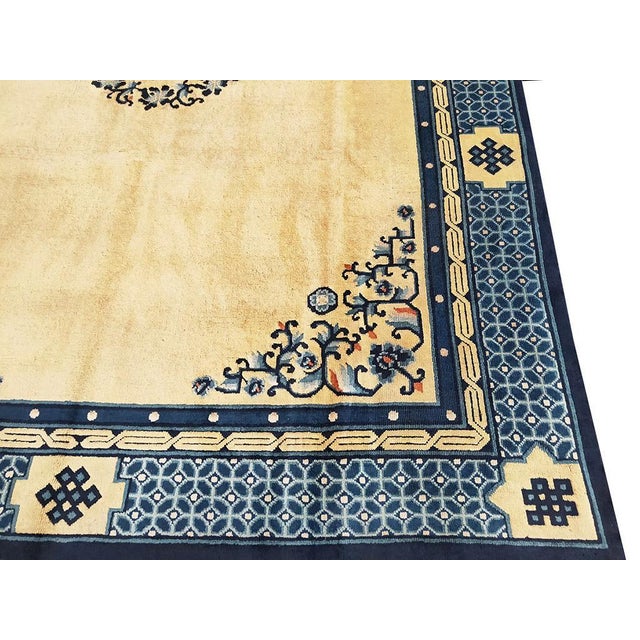 1890s Beige Medallion Antique Chinese Peking Rug 8'10" X 11'8" Handknotted Wool Carpet For Sale - Image 4 of 6
