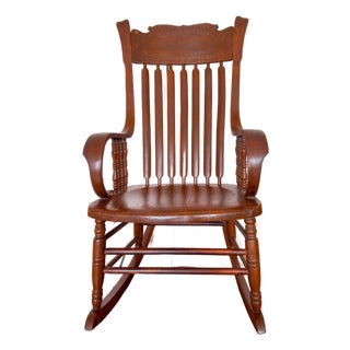 Victorian Pressback Oak Rocking Chair With Carved Crest & Turned Spindles For Sale