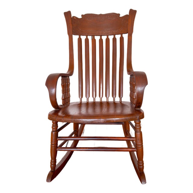 Victorian Pressback Oak Rocking Chair With Carved Crest & Turned Spindles For Sale