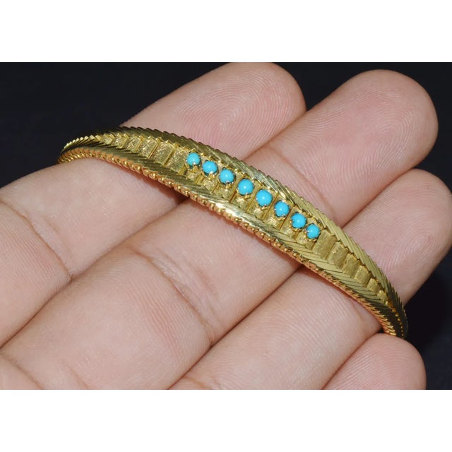 Estate Natural Turquoise Solid 18K Gold Snake Chain Bangle Bracelet For Sale - Image 10 of 12