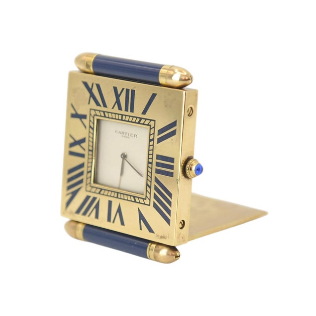 1980s Folding Quartz Movement Alarm Clock in Gilt Metal and Blue Enamel from Cartier, 1980s, Set of 2 For Sale - Image 5 of 14
