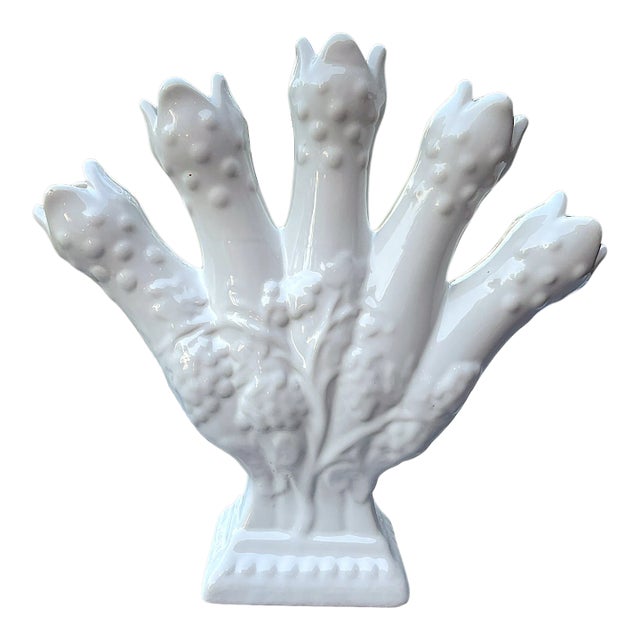 1950s White Porcelain Five Finger Majolica Tulipiere Tulip Vase For Sale