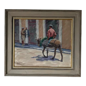 Vintage Gene Essner Donkey Ride - Figurative Oil on Canvas Painting - Framed