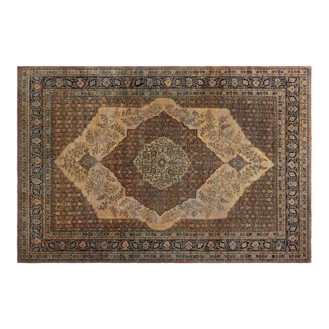 19th Century Persian Tabriz Green, Beige and Black Hand Knotted Wool Rug For Sale