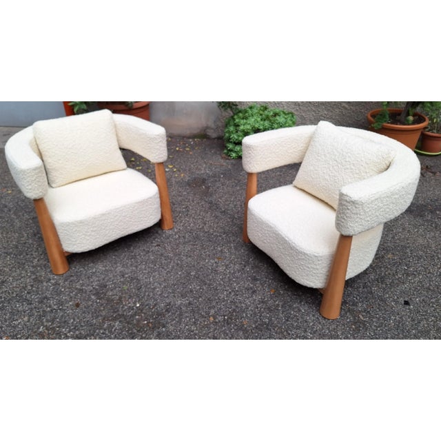 Wood Set of Vintage Armchairs in White Boucle, 1990s For Sale - Image 7 of 7