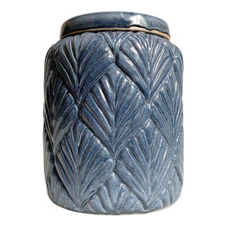 1990s Blue Ceramic Scalloped Lidded Jar For Sale