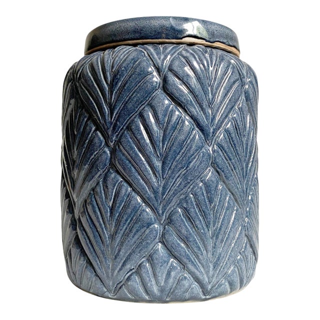 1990s Blue Ceramic Scalloped Lidded Jar For Sale