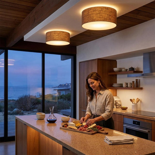 The Stretch Flush Mount is a modern ceiling light with a weathered brass frame, designed by the NOVA Design Team in 2026....