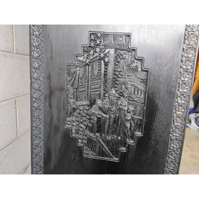 Wood Black Lacquer Chinese Carved Cabinet Brass Hardware Intricate Asian Design For Sale - Image 7 of 12