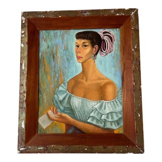 Large 40" Vintage Framed Portrait of a Gypsy Woman in Ruffled Blue Dress For Sale