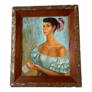 Large 40" Vintage Framed Portrait of a Gypsy Woman in Ruffled Blue Dress