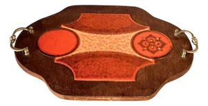 Rustic Wooden Serving Tray with Ceramic Tiles and Metal Handles, France, 1970s