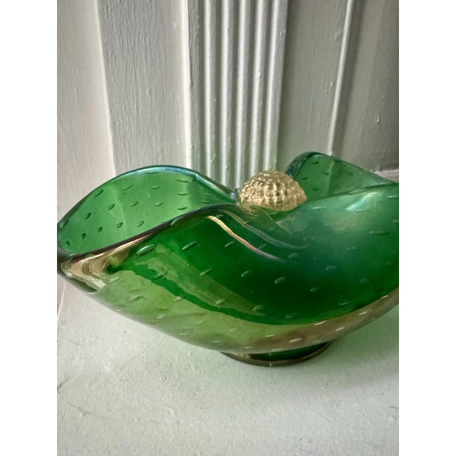 Vintage Murano Style Italian Glass Bowl Controlled Bubble Green Gold Decorative Dish For Sale In New York - Image 6 of 6