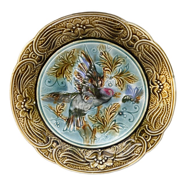 19th Century Majolica Bird & Bee Plate Wasmuel For Sale
