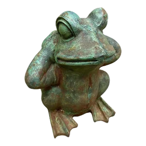 Vintage Hollywood Regency Green Cast Iron Garden Frog Statue "Hear No Evil"