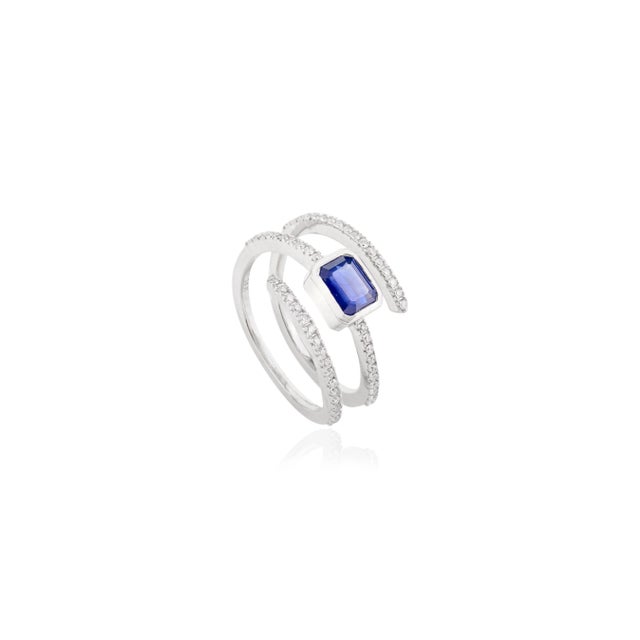 14k Gold East West Blue Sapphire & Diamond Spiral Cocktail Ring Size 6.5 For Sale - Image 4 of 11