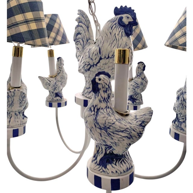 Vintage Chandelier Blue White Ceramic Rooster Chicken French Country Lighting For Sale - Image 4 of 8