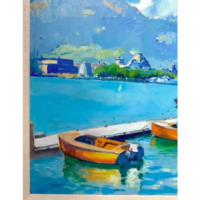 Plastic Late 20th Century Nautical Acrylic Painting, Signed Sailboats by Port in Spain, Framed, 38"w For Sale - Image 7 of 9