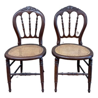Vintage Victorian Mahogany Balloon Back Cane Side Chairs, Pair For Sale