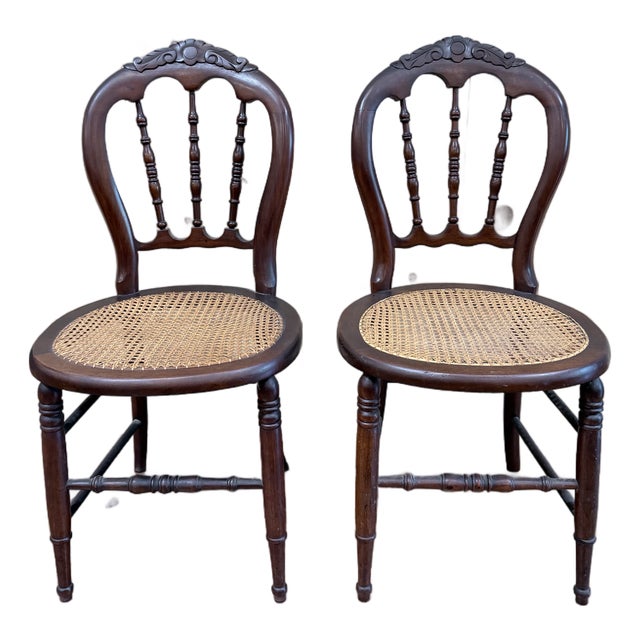 Vintage Victorian Mahogany Balloon Back Cane Side Chairs, Pair For Sale