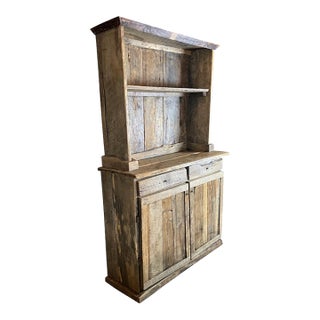 French Farmhouse Hutch: Reclaimed Barn Wood Step Back Cupboard For Sale