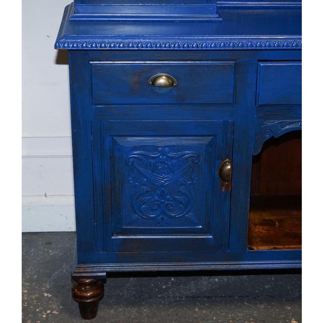 Blue Antique Victorian Vibrant Blue Hand-Painted Kitchen Cupboard For Sale - Image 8 of 18