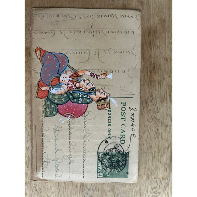 Mid 20th Century Vintage Indian Hand Painted Rajasthani Paper Postcard For Sale In Denver - Image 6 of 7