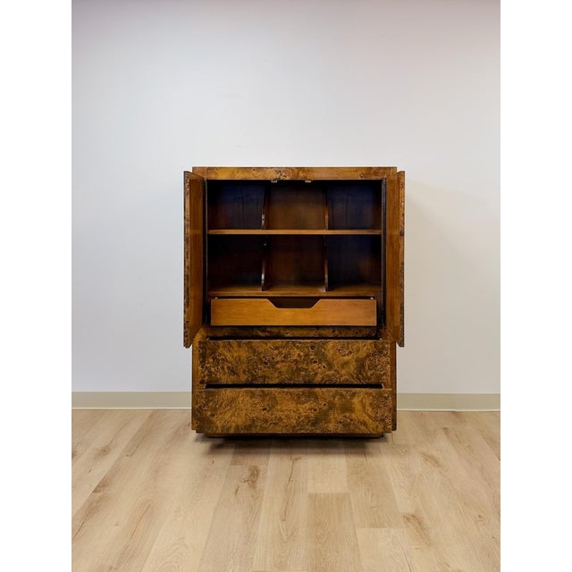 Wood Vintage John Stuart MCM Burlwood Tallboy Armoire, Drawers and Doors, Collectable For Sale - Image 7 of 11
