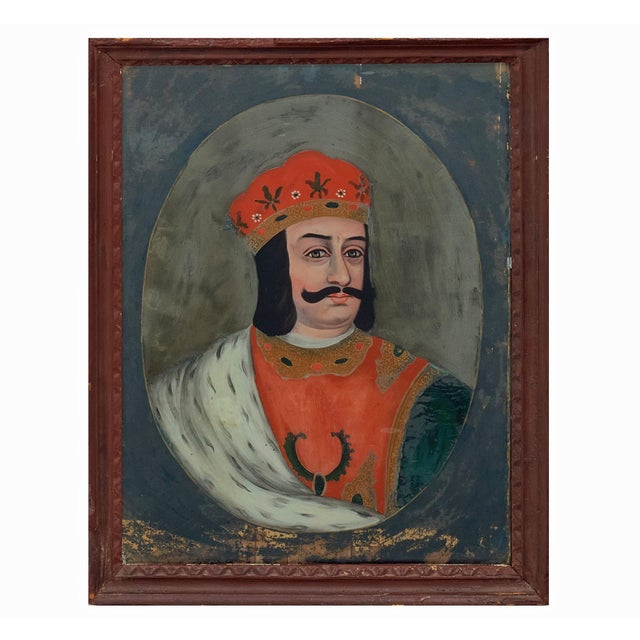 Antique pair of Indian reverse glass paintings of two noblemen or maharajahs wearing turbans, mustaches and vibrant,...