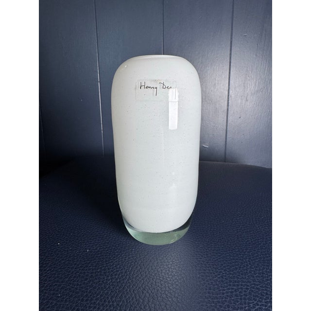 Mid-Century Modern Henry Dean Belgium Signed Hand Blown Art Glass Vase Cream White 6” For Sale - Image 3 of 10